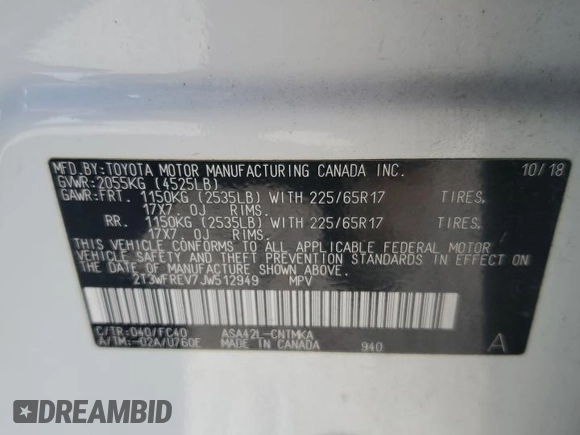 2018 Toyota RAV4 XLE with VIN 2T3WFREV7JW512949, listed as a Copart auction lot 52546345 with 41,558 mi miles and Salvage Title. Bid and sale history available at DreamBid. Image 13.