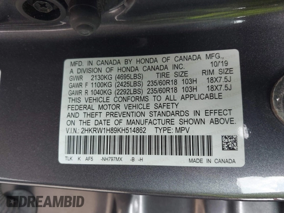 2019 Honda CR-V EX-L with VIN 2HKRW1H89KH514862, listed as a IAAI auction lot 42055663 with 20,429 mi miles. Bid and sale history available at carsss.com. Image 9.