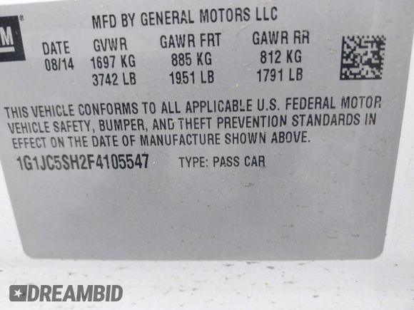2015 Chevrolet Sonic LT with VIN 1G1JC5SH2F4105547, listed as a IAAI auction lot 42147287 with 59,073 mi miles and . Bid and sale history available at DreamBid. Image 9.