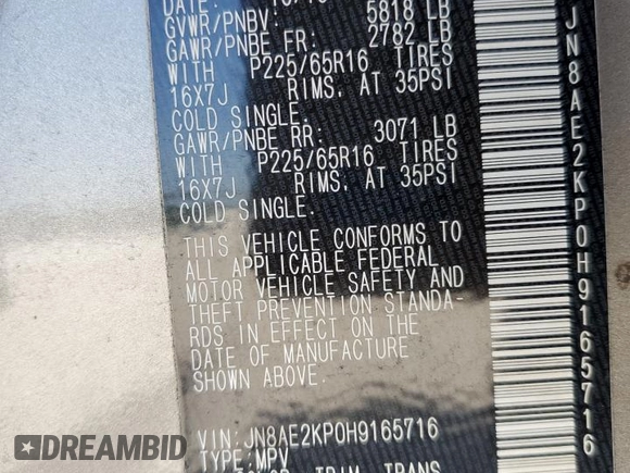 2017 Nissan Quest SV z VIN JN8AE2KP0H9165716, wystawiony jako Copart lot #57206875 z przebiegiem 103 551 mil mil oraz Szkoda całkowita • Salvage title. Historia ofert i sprzedaży dostępna na DreamBid. Obrazek 13.
