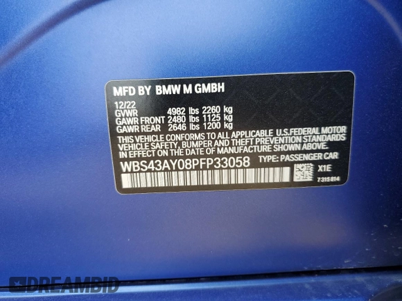 2023 BMW M3 Competition xDrive with VIN WBS43AY08PFP33058, listed as a Copart auction lot 60324825 with 19,651 mi miles and Salvage title. Bid and sale history available at DreamBid. Image 12.