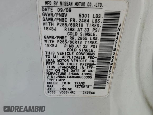 2010 Infiniti FX35 with VIN JN8AS1MUXAM800305, listed as a Copart auction lot 61742114 with 172,274 mi miles and Salvage Title. Bid and sale history available at carsss.com. Image 13.