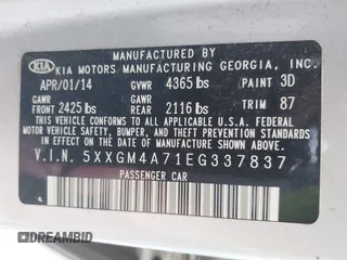 2014 Kia Optima LX with VIN 5XXGM4A71EG337837, listed as a IAAI auction lot 42251696 with 115,063 mi miles and . Bid and sale history available at DreamBid. Image 9.