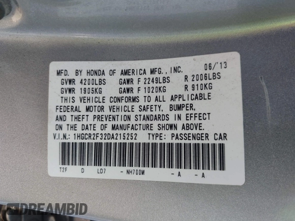 2013 Honda Accord LX z VIN 1HGCR2F32DA215252, wystawiony jako IAAI lot #41535742 z przebiegiem Nie podano mil oraz . Historia ofert i sprzedaży dostępna na DreamBid. Obrazek 8.