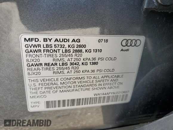 2018 Audi SQ5 Premium Plus with VIN WA1A4AFY9J2213637, listed as a Copart auction lot 66158564 with 63,717 mi miles and Salvage Title. Bid and sale history available at DreamBid. Image 13.