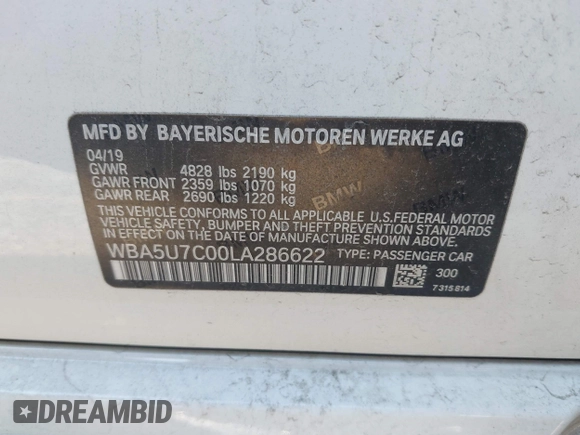 2020 BMW 3 Series M340i with VIN WBA5U7C00LA286622, listed as a IAAI auction lot 41837096 with 63,565 mi miles and . Bid and sale history available at DreamBid. Image 9.
