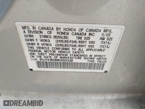 2006 Honda Ridgeline RTL with VIN 2HJYK16566H550339, listed as a IAAI auction lot 42223323 with 240,372 mi miles and . Bid and sale history available at DreamBid. Image 9.