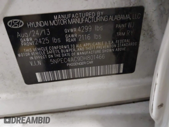 2013 Hyundai Sonata Limited with VIN 5NPEC4AC9DH801466, listed as a IAAI auction lot 42205747 with 112,520 mi miles and . Bid and sale history available at DreamBid. Image 9.