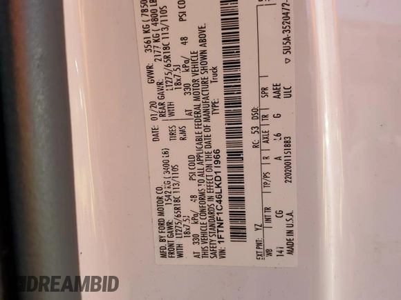 2020 Ford F-150 z VIN 1FTNF1C46LKD11966, wystawiony jako Copart lot #49473675 z przebiegiem 141 191 mil mil oraz Nie do naprawy • Non repairable. Historia ofert i sprzedaży dostępna na DreamBid. Obrazek 12.