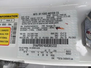 2016 Ford Fusion SE with VIN 3FA6P0H74GR385232, listed as a IAAI auction lot 42035002 with 88,211 mi miles and . Bid and sale history available at DreamBid. Image 9.