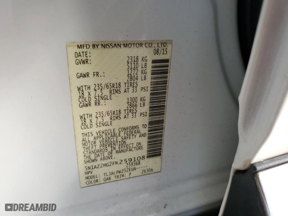 2015 Nissan Murano Platinum with VIN 5N1AZ2MG2FN259108, listed as a Copart auction lot 76511584 with 170,745 mi miles and Salvage Title. Bid and sale history available at carsss.com. Image 13.