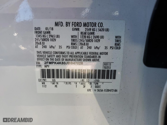2018 Ford Edge Titanium with VIN 2FMPK4K80JBB47028, listed as a Copart auction lot 46808545 with 73,690 mi miles and Non Repairable. Bid and sale history available at carsss.com. Image 14.