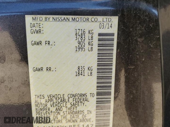 2014 Nissan Sentra SV with VIN 1N4AB7AP3EN855147, listed as a Copart auction lot 49116175 with 153,345 mi miles and Salvage Title. Bid and sale history available at DreamBid. Image 13.