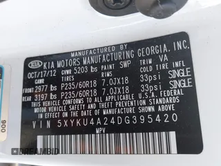 2013 Kia Sorento EX with VIN 5XYKU4A24DG395420, listed as a IAAI auction lot 41424732 with 154,661 mi miles and . Bid and sale history available at carsss.com. Image 9.