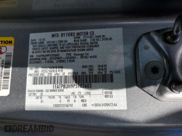 2023 Ford Mustang EcoBoost with VIN 1FATP8UH9P5102603, listed as a Copart auction lot 44274525 with Not Provided miles and Salvage Title. Bid and sale history available at DreamBid. Image 12.