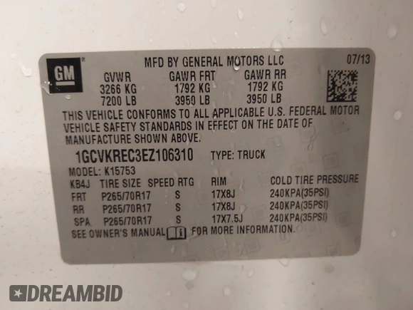 2014 Chevrolet Silverado 1500 LT with VIN 1GCVKREC3EZ106310, listed as a IAAI auction lot 40752259 with 162,397 mi miles and . Bid and sale history available at DreamBid. Image 9.