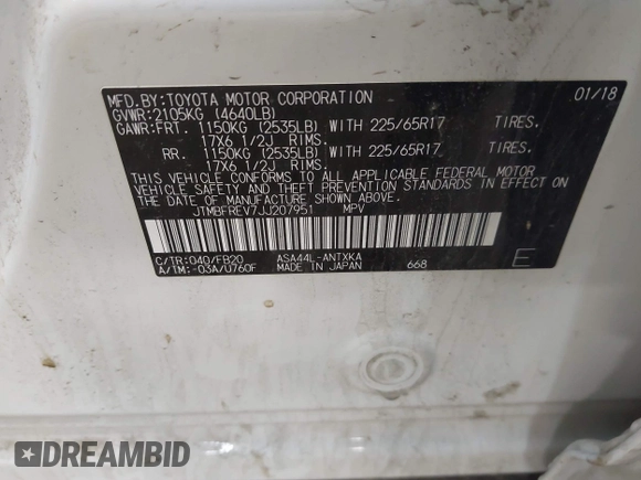 2018 Toyota RAV4 LE z VIN JTMBFREV7JJ207951, wystawiony jako IAAI lot #42376282 z przebiegiem 109 704 mil mil oraz . Historia ofert i sprzedaży dostępna na DreamBid. Obrazek 9.