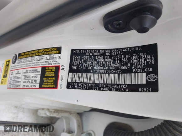 2012 Toyota Avalon с VIN 4T1BK3DB9CU454725, выставлен на аукционе IAAI как лот 42286174 с пробегом 122 501 миль миль и . История ставок и продаж доступна на DreamBid. Изображение 9.