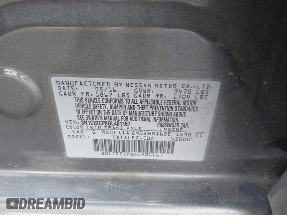2016 Nissan Note S with VIN 3N1CE2CP8GL401167, listed as a IAAI auction lot 42464018 with 137,091 mi miles and . Bid and sale history available at DreamBid. Image 9.