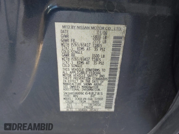 2006 Nissan Pathfinder SE with VIN 5N1AR18U06C648285, listed as a IAAI auction lot 42259303 with 292,379 mi miles and . Bid and sale history available at DreamBid. Image 9.