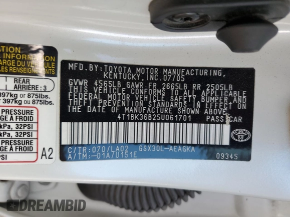 2005 Toyota Avalon XL z VIN 4T1BK36B25U061701, wystawiony jako Copart lot #58007825 z przebiegiem 207 885 mil mil oraz Szkoda całkowita • Salvage title. Historia ofert i sprzedaży dostępna na DreamBid. Obrazek 12.