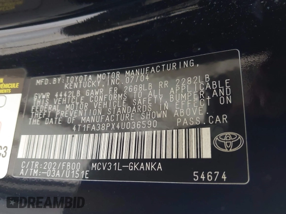 2004 Toyota Solara SE with VIN 4T1FA38PX4U036590, listed as a IAAI auction lot 41896683 with 170,950 mi miles. Bid and sale history available at carsss.com. Image 9.