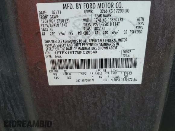 2011 Ford F-150 XL with VIN 1FTFX1ET7BFC26549, listed as a Copart auction lot 67026885 with 173,881 mi miles and Clean title. Bid and sale history available at DreamBid. Image 12.