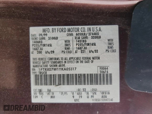 2000 Ford F-150 XL with VIN 1FTRX07W1YKA05317, listed as a Copart auction lot 56207955 with 282,785 mi miles and Salvage title. Bid and sale history available at DreamBid. Image 12.