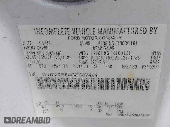 2016 Ford F-250 XL with VIN 1FD7X2B64GEC87424, listed as a IAAI auction lot 42014960 with 557,866 mi miles and . Bid and sale history available at DreamBid. Image 9.