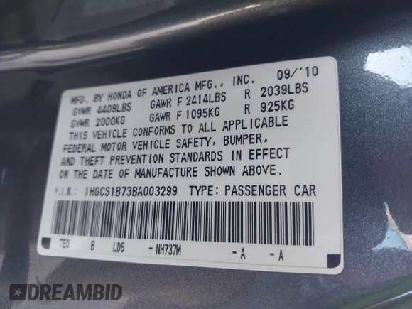 2011 Honda Accord EX with VIN 1HGCS1B73BA003299, listed as a IAAI auction lot 41624872 with 148,569 mi miles and . Bid and sale history available at DreamBid. Image 9.