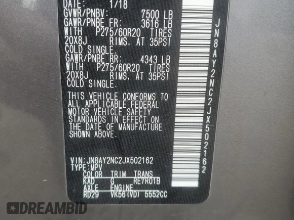 2018 Nissan Armada SL with VIN JN8AY2NC2JX502162, listed as a Copart auction lot 54200245 with 151,053 mi miles and Clean Title. Bid and sale history available at DreamBid. Image 13.