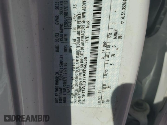 2023 Ford F-250 XL with VIN 1FT8W2BT7PED66555, listed as a Copart auction lot 54136785 with 57,548 mi miles and Salvage title. Bid and sale history available at DreamBid. Image 12.