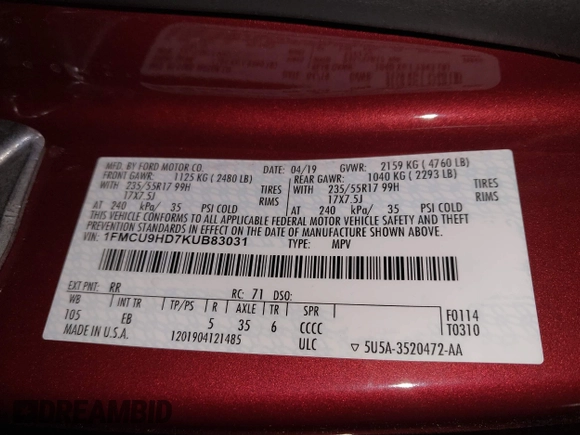2019 Ford Escape SEL with VIN 1FMCU9HD7KUB83031, listed as a IAAI auction lot 41837035 with 70,424 mi miles. Bid and sale history available at carsss.com. Image 9.