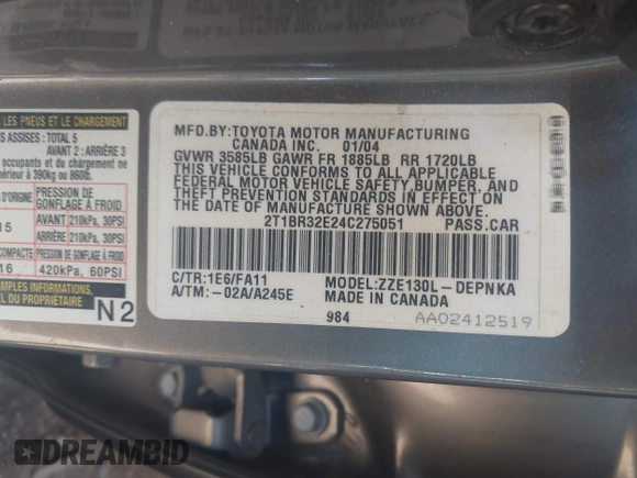2004 Toyota Corolla CE with VIN 2T1BR32E24C275051, listed as a IAAI auction lot 42018700 with 150,845 mi miles and . Bid and sale history available at DreamBid. Image 9.