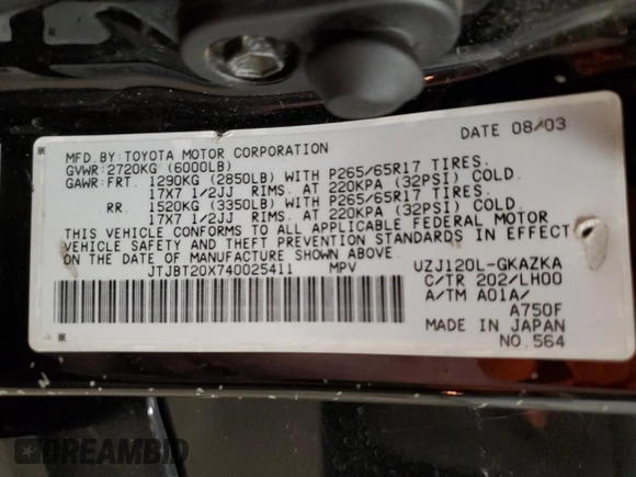 2004 Lexus GX 470 with VIN JTJBT20X740025411, listed as a Copart auction lot 55363145 with 329,164 mi miles and Salvage Title. Bid and sale history available at DreamBid. Image 14.