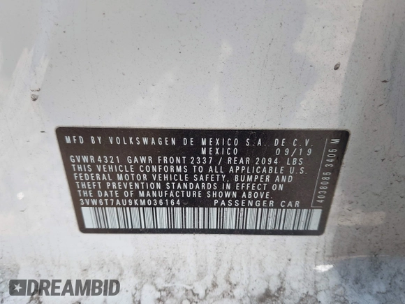 2019 Volkswagen GTI S z VIN 3VW6T7AU9KM036164, wystawiony jako IAAI lot #42160913 z przebiegiem 76 348 mil mil oraz . Historia ofert i sprzedaży dostępna na DreamBid. Obrazek 9.