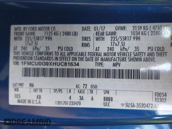 2017 Ford Escape SE with VIN 1FMCU0G9XHUC81634, listed as a IAAI auction lot 42180555 with 193,274 mi miles and . Bid and sale history available at DreamBid. Image 9.