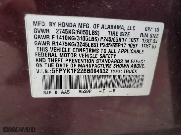 2011 Honda Ridgeline RT with VIN 5FPYK1F22BB004932, listed as a Copart auction lot 80733864 with 232,182 mi miles and Salvage Title. Bid and sale history available at carsss.com. Image 12.
