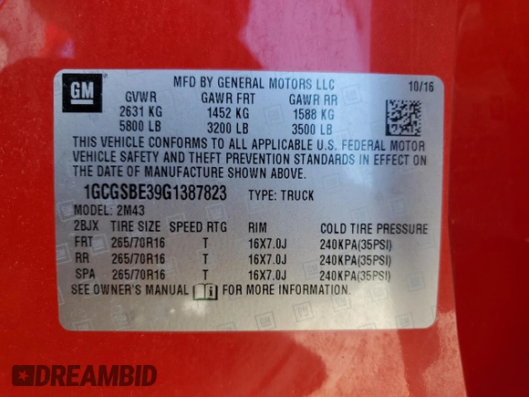 2016 Chevrolet Colorado 2WD WT with VIN 1GCGSBE39G1387823, listed as a Copart auction lot 63408045 with 98,417 mi miles and Salvage title. Bid and sale history available at DreamBid. Image 12.