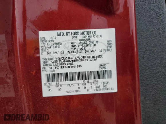 2013 Ford F-150 XL with VIN 1FTFX1EF6DFA41356, listed as a Copart auction lot 57246745 with 94,692 mi miles and Salvage title. Bid and sale history available at DreamBid. Image 12.