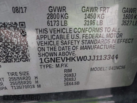 2018 Chevrolet Traverse LT Leather with VIN 1GNEVHKW0JJ113344, listed as a IAAI auction lot 41105083 with 95,855 mi miles. Bid and sale history available at carsss.com. Image 9.