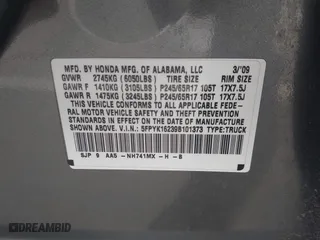 2009 Honda Ridgeline RT with VIN 5FPYK16239B101373, listed as a IAAI auction lot 41169343 with 1 mi miles. Bid and sale history available at carsss.com. Image 9.