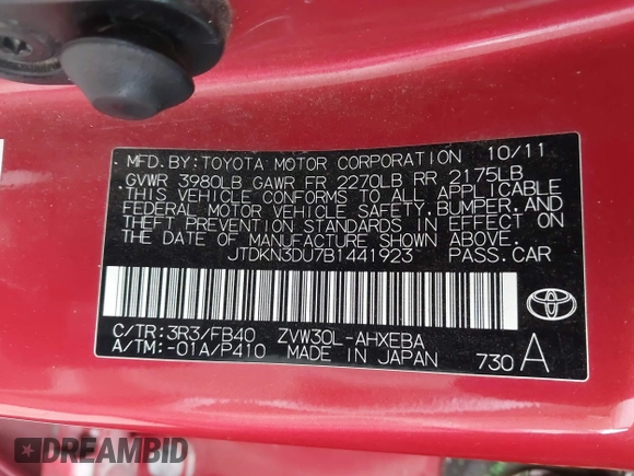 2011 Toyota Prius I with VIN JTDKN3DU7B1441923, listed as a IAAI auction lot 42154214 with 128,876 mi miles and . Bid and sale history available at DreamBid. Image 9.