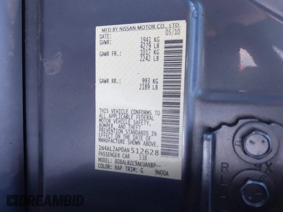 2010 Nissan Altima S with VIN 1N4AL2AP0AN512628, listed as a IAAI auction lot 42102865 with 184,235 mi miles and . Bid and sale history available at DreamBid. Image 9.