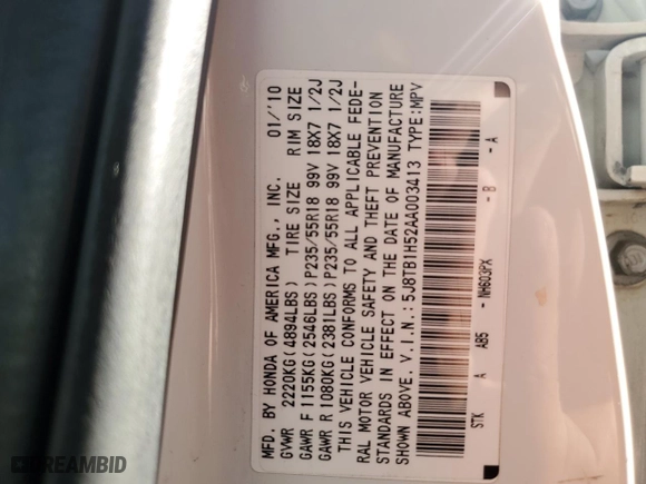 2010 Acura RDX Tech Pkg with VIN 5J8TB1H52AA003413, listed as a Copart auction lot 73059693 with 0 mi miles and Salvage Title. Bid and sale history available at carsss.com. Image 12.