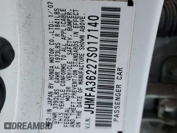 2007 Honda Civic with VIN JHMFA36227S017140, listed as a Copart auction lot 60452205 with 154,729 mi miles and Salvage title. Bid and sale history available at DreamBid. Image 12.