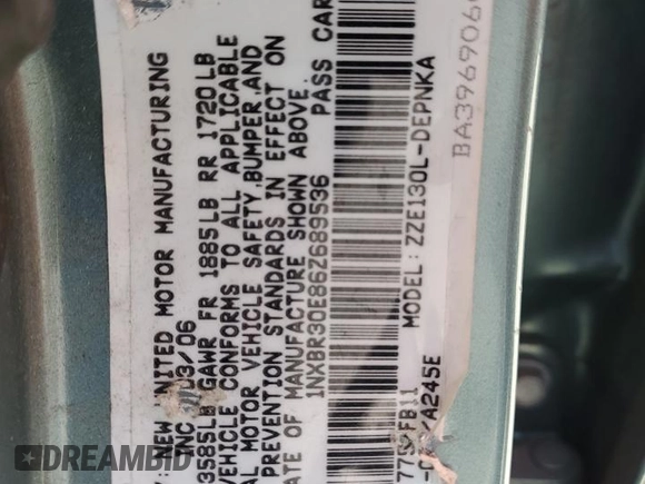 2006 Toyota Corolla CE with VIN 1NXBR30E86Z689536, listed as a Copart auction lot 60417495 with 160,520 mi miles and Salvage title. Bid and sale history available at DreamBid. Image 12.