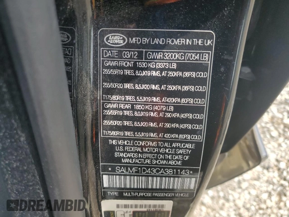 2012 Land Rover Range Rover HSE Lux with VIN SALMF1D43CA381143, listed as a Copart auction lot 53976845 with 114,649 mi miles and Clean title. Bid and sale history available at DreamBid. Image 13.