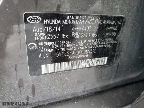 2015 Hyundai Sonata 2.4L SE with VIN 5NPE24AF0FH065579, listed as a Copart auction lot 51803495 with 98,755 mi miles and Salvage Title. Bid and sale history available at carsss.com. Image 14.