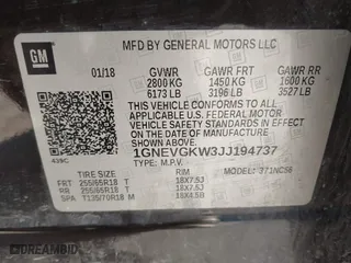 2018 Chevrolet Traverse LT Cloth with VIN 1GNEVGKW3JJ194737, listed as a IAAI auction lot 41590686 with 176,108 mi miles. Bid and sale history available at carsss.com. Image 9.